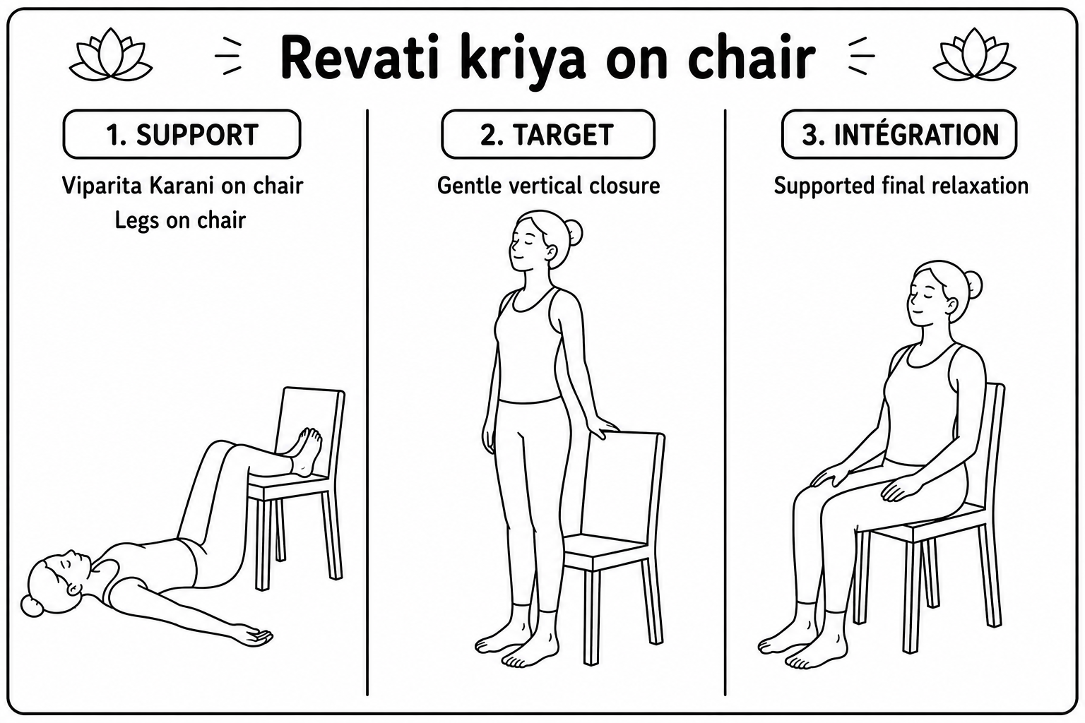 The three postures of the Revatī kriyā on a chair
