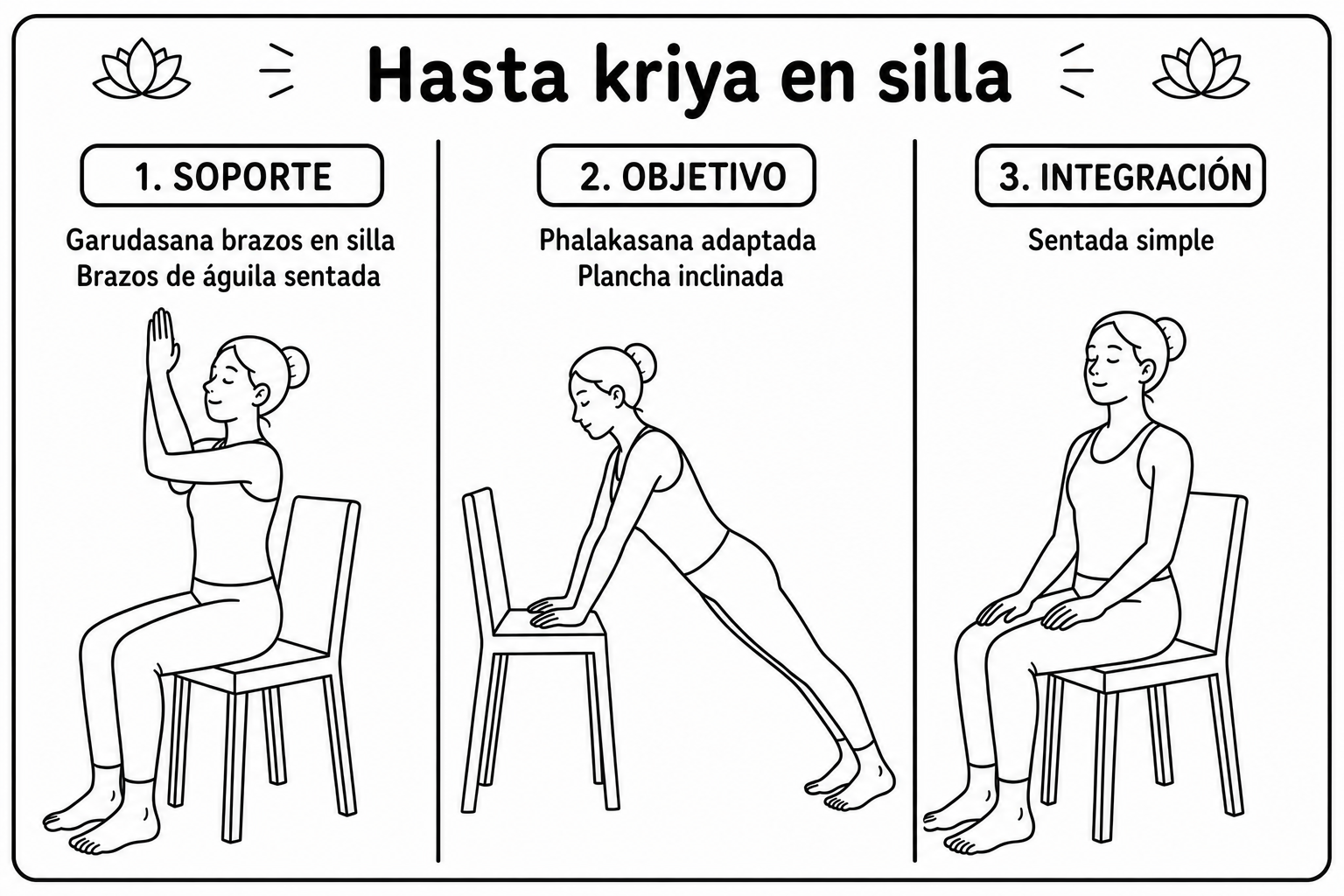Las tres posturas del kriyā Hasta en silla