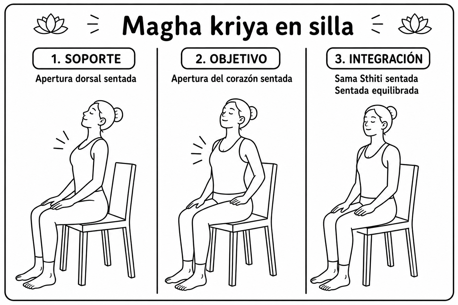Las tres posturas del kriyā Maghā en silla