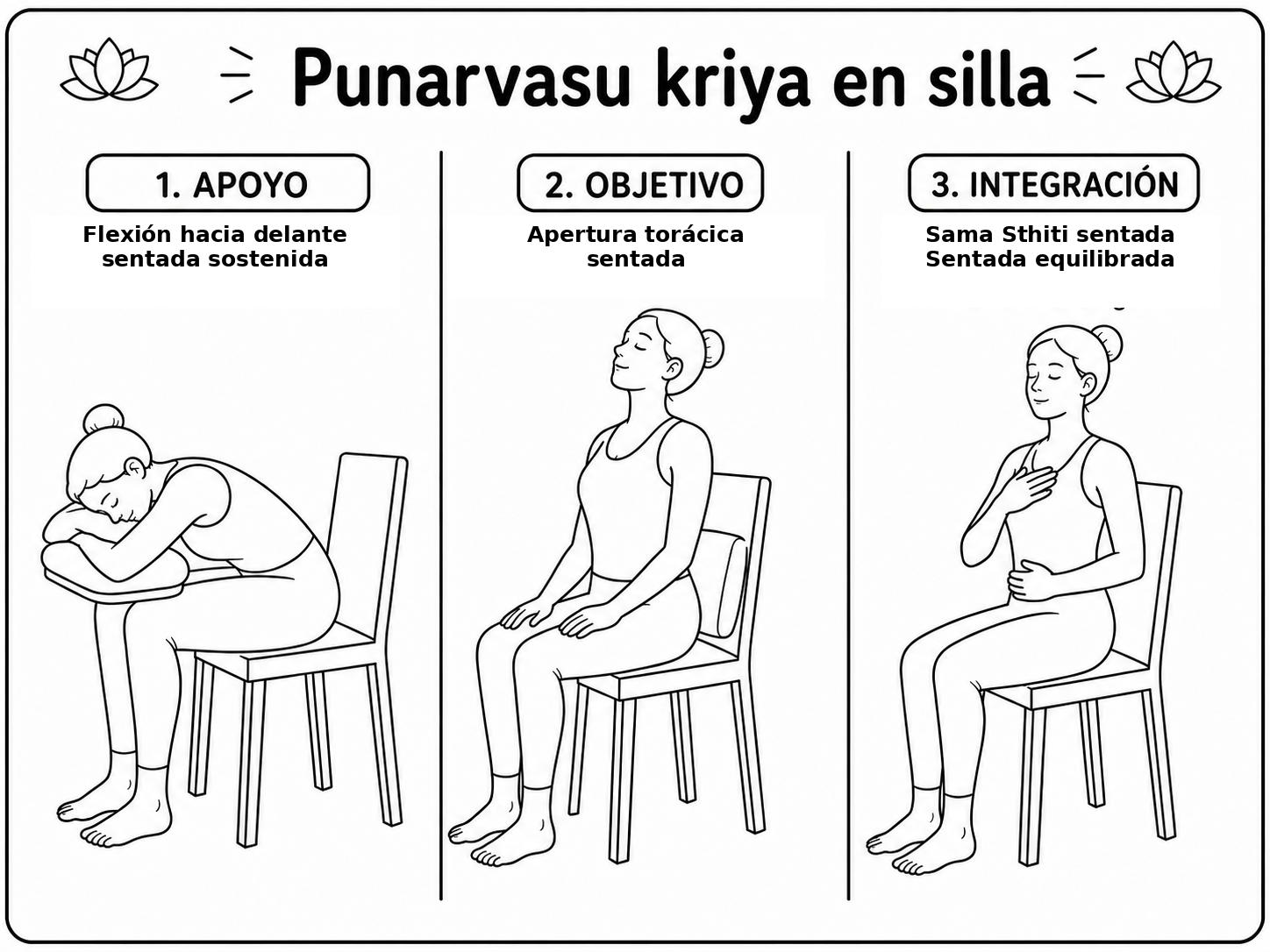 Las tres posturas del kriyā Punarvasu en silla