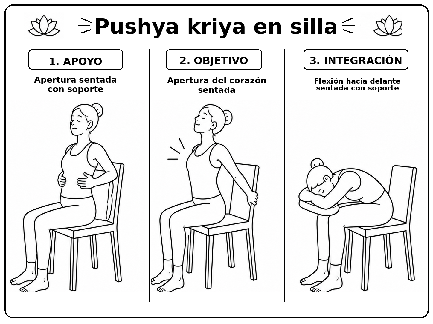 Las tres posturas del kriyā Puṣya en silla
