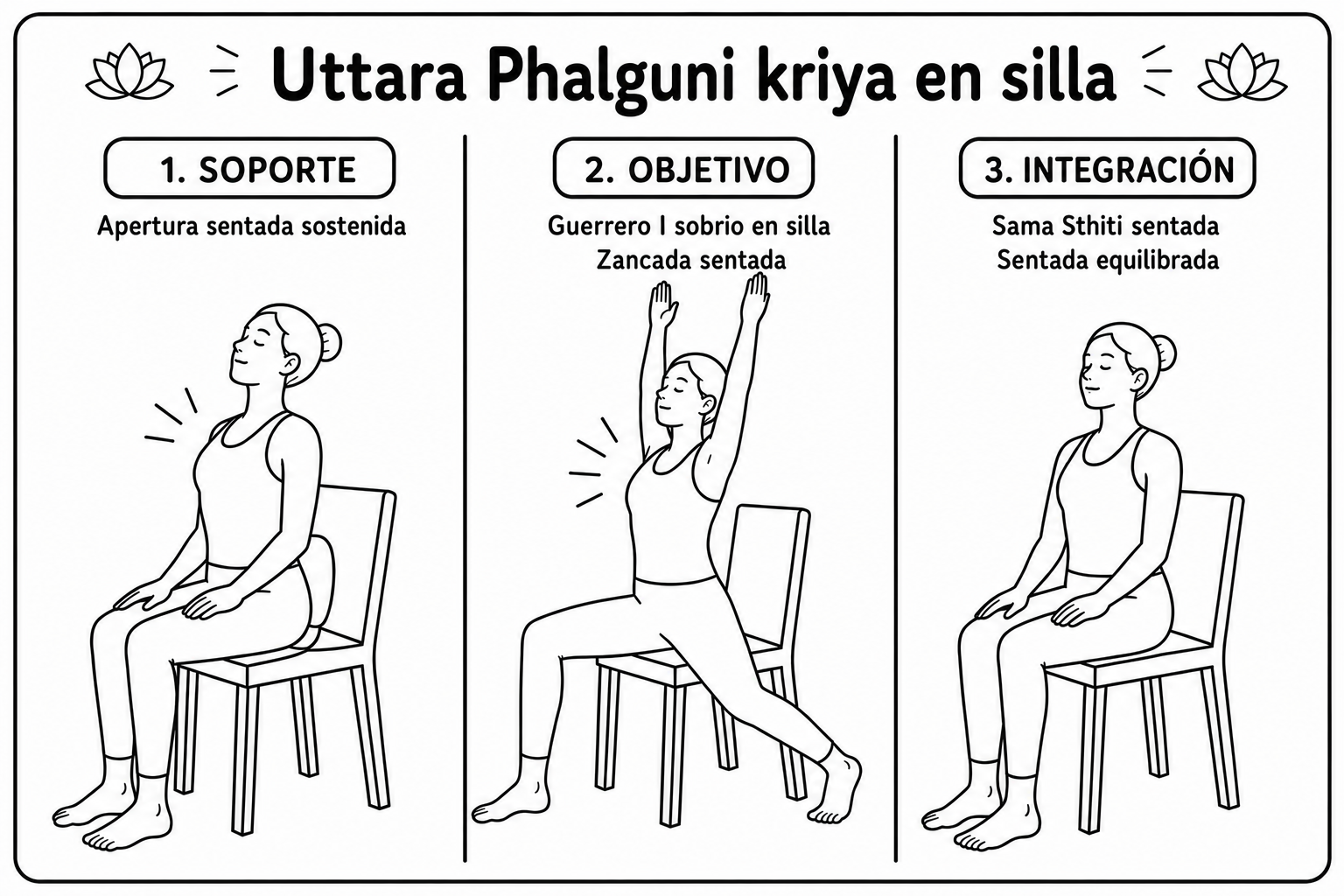 Las tres posturas del kriyā Uttara Phalgunī en silla