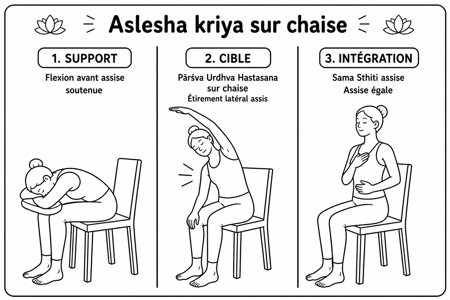 Les trois postures du kriyā Āśleṣā sur chaise