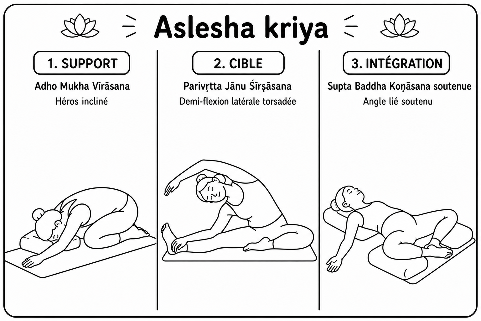 Les trois postures du kriyā Āśleṣā sur tapis