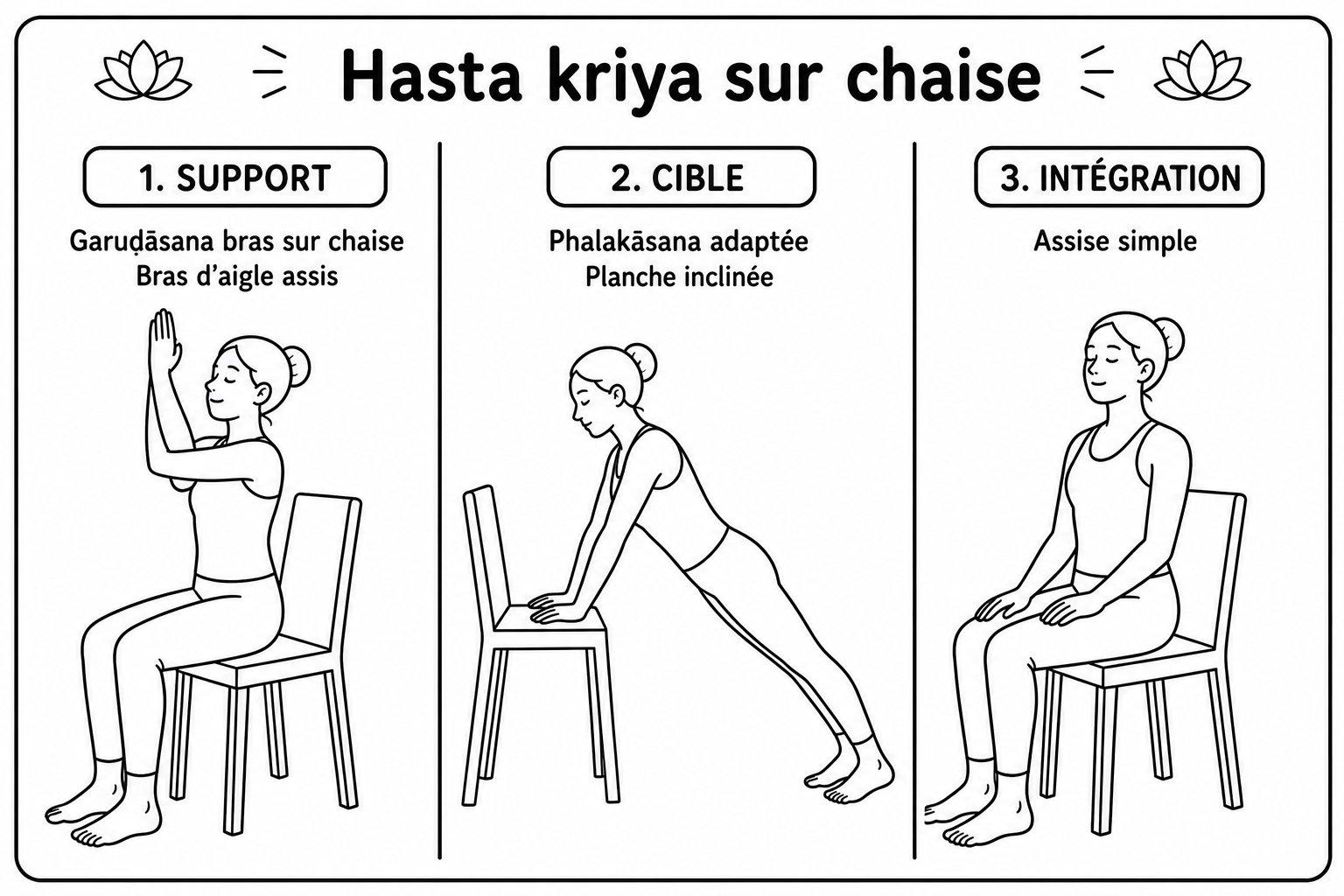 Les trois postures du kriyā Hasta sur chaise
