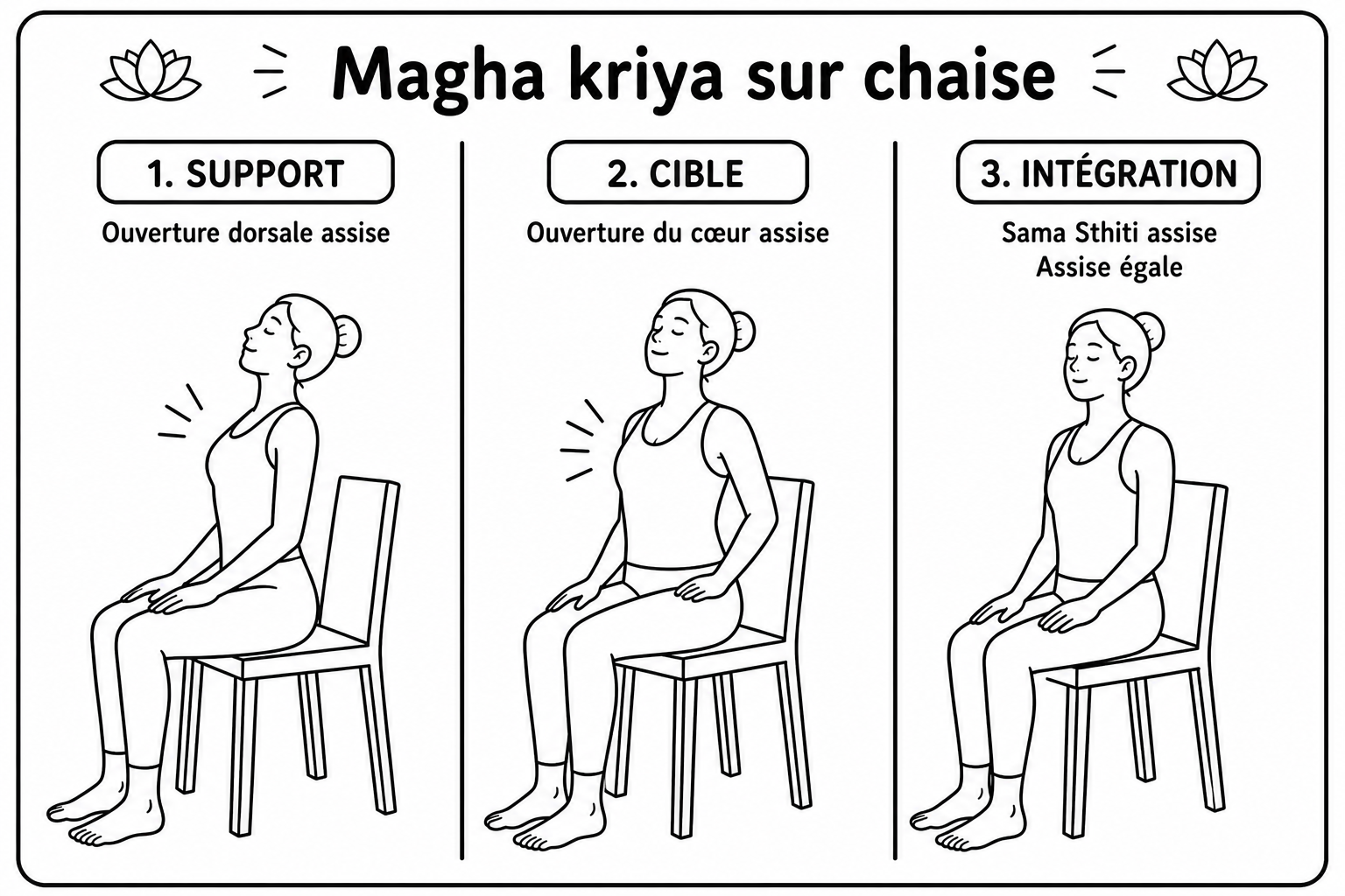 Les trois postures du kriyā Maghā sur chaise