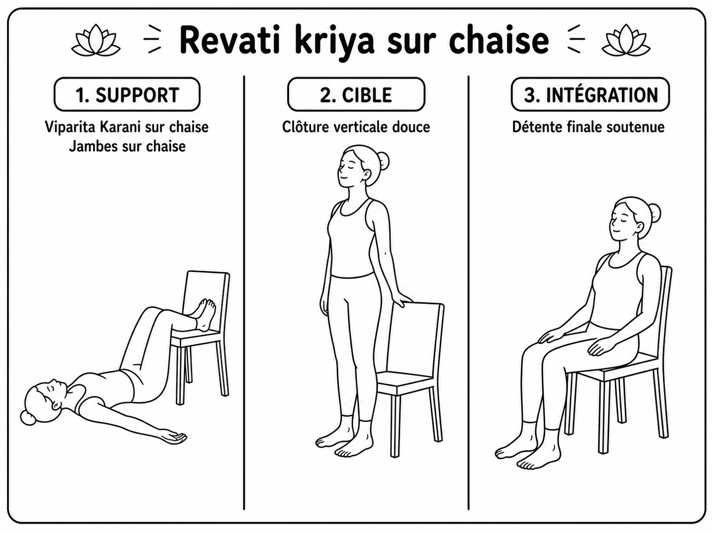 Les trois postures du kriyā Revatī sur chaise